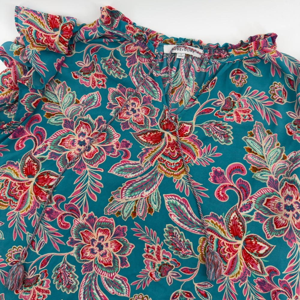 Rose + Olive Teal Floral Flutter Sleeve Blouse Tassel Tie Neck Top Womens Large